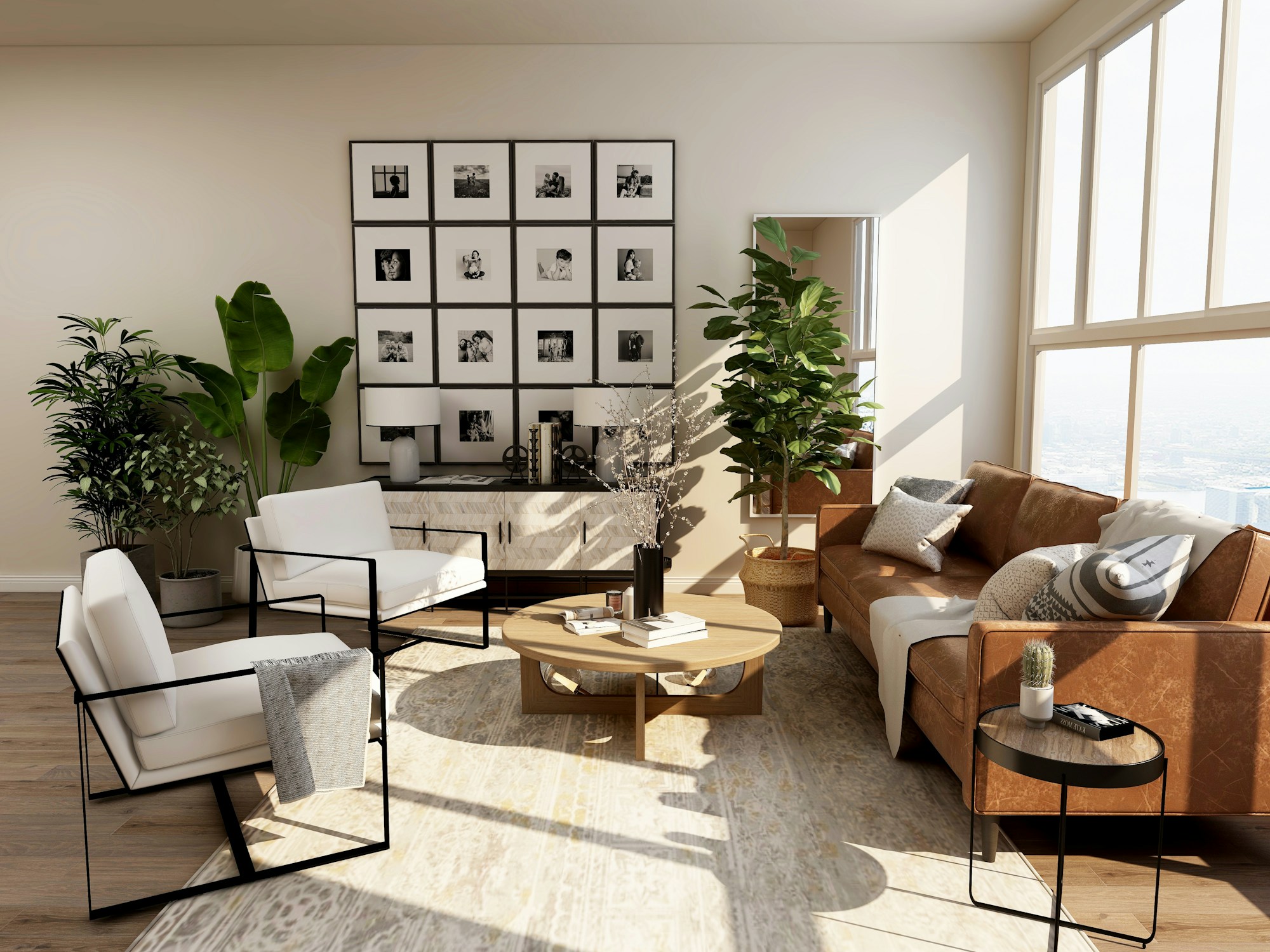 Sunlit living room with natural textures, soft seating and warm wood